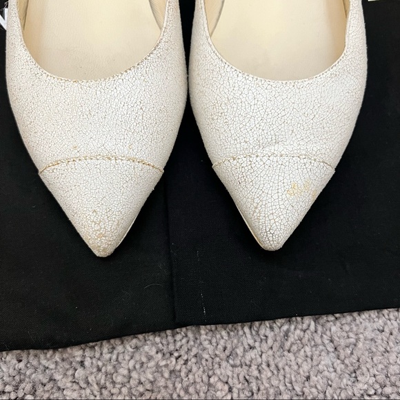 CHANEL 2014 White Distressed Leather Pointed Toe Ballet Flats Size 37 - Picture 6 of 11